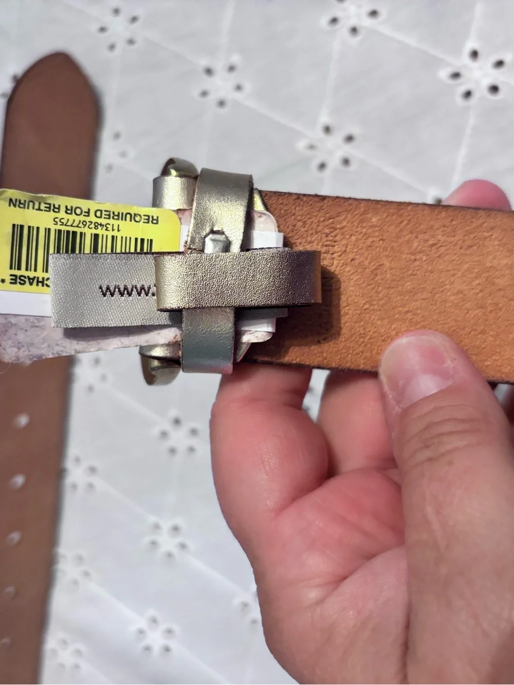 Fossil Cream Leather Belt with Brass Round Buckle